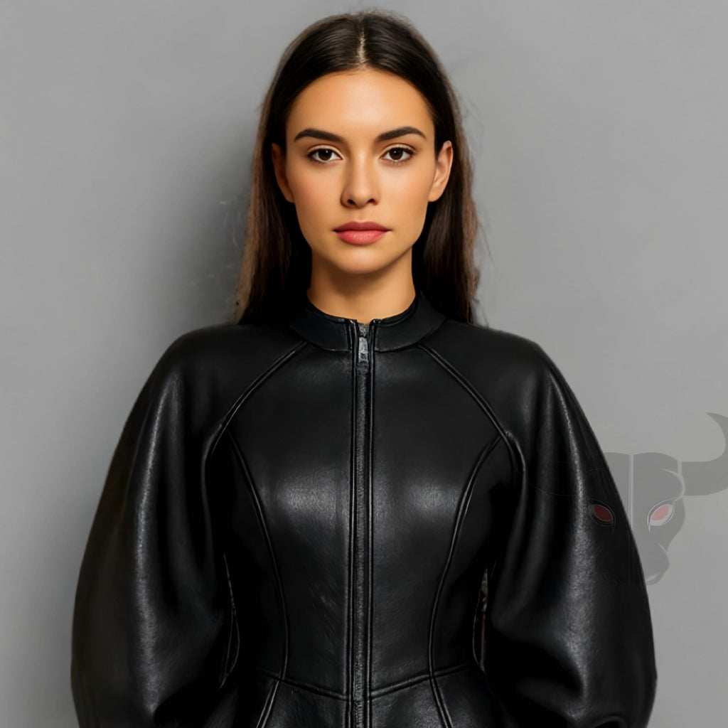 Gothic Leather Jacket Women Black Puff Sleeve Peplum Steampunk Coat Fantasy Clubwear Outfit