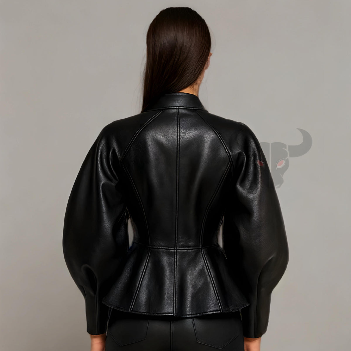 Gothic Leather Jacket Women Black Puff Sleeve Peplum Steampunk Coat Fantasy Clubwear Outfit