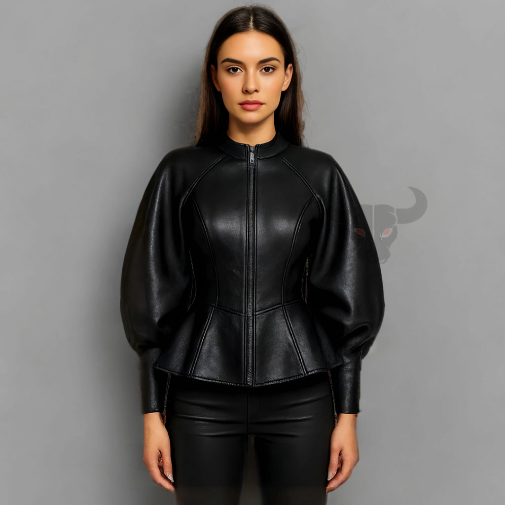 Gothic Leather Jacket Women Black Puff Sleeve Peplum Steampunk Coat Fantasy Clubwear Outfit