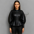 Gothic Leather Jacket Women Black Puff Sleeve Peplum Steampunk Coat Fantasy Clubwear Outfit