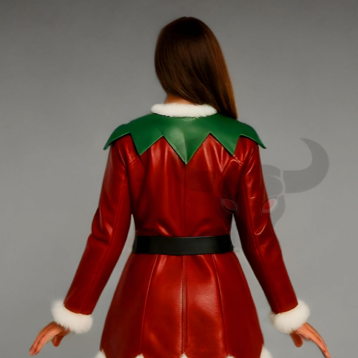 Christmas Elf Leather Coat Women’s Red Green Genuine Costume Jacket Fur Trim Winter Outfit