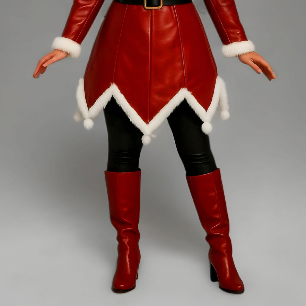 Christmas Elf Leather Coat Women’s Red Green Genuine Costume Jacket Fur Trim Winter Outfit