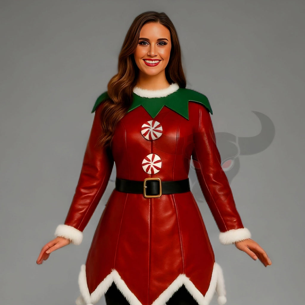 Christmas Elf Leather Coat Women’s Red Green Genuine Costume Jacket Fur Trim Winter Outfit