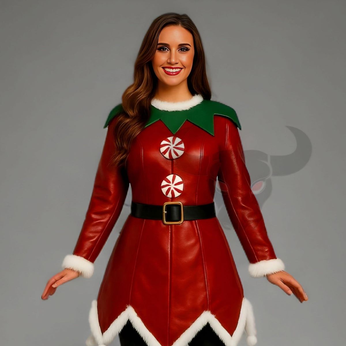 Christmas Elf Leather Coat Women’s Red Green Genuine Costume Jacket Fur Trim Winter Outfit