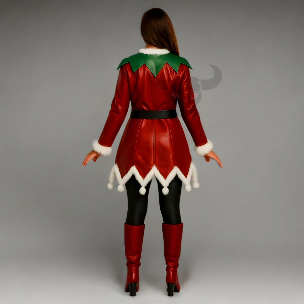 Christmas Elf Leather Coat Women’s Red Green Genuine Costume Jacket Fur Trim Winter Outfit