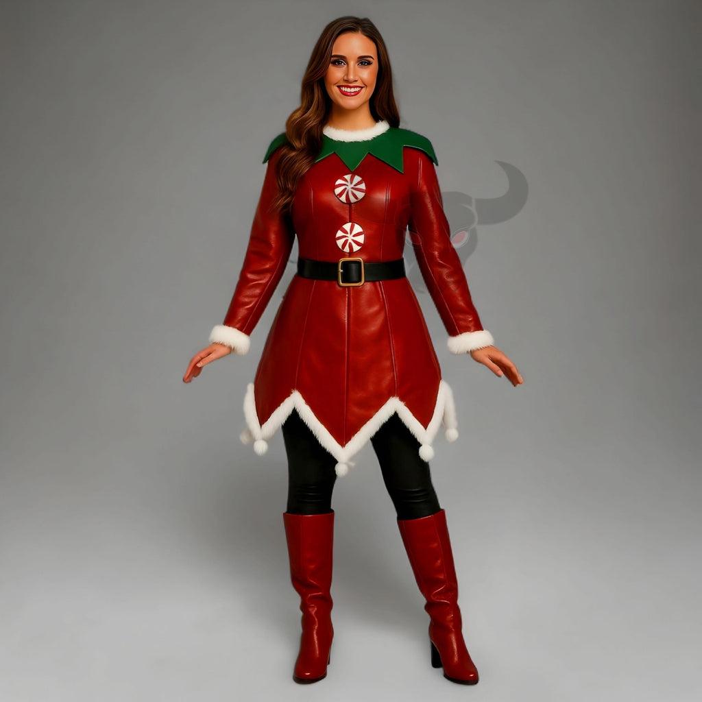 Christmas Elf Leather Coat Women’s Red Green Genuine Costume Jacket Fur Trim Winter Outfit