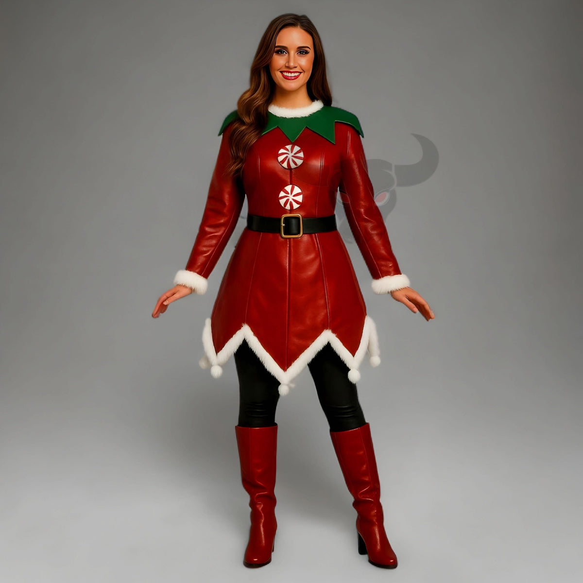 Christmas Elf Leather Coat Women’s Red Green Genuine Costume Jacket Fur Trim Winter Outfit