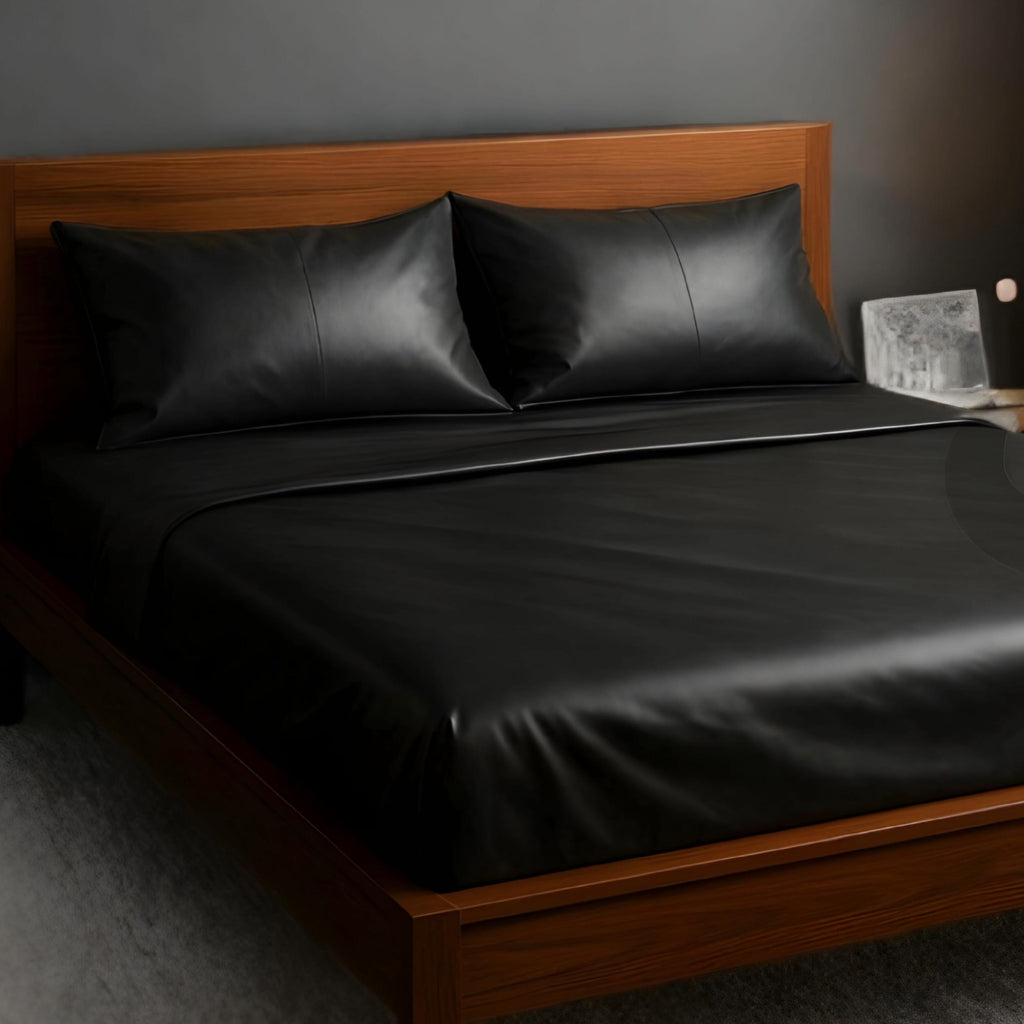 Modern Genuine Leather Bed Sheet Set Black Queen Size Luxury Bedding with Pillowcases