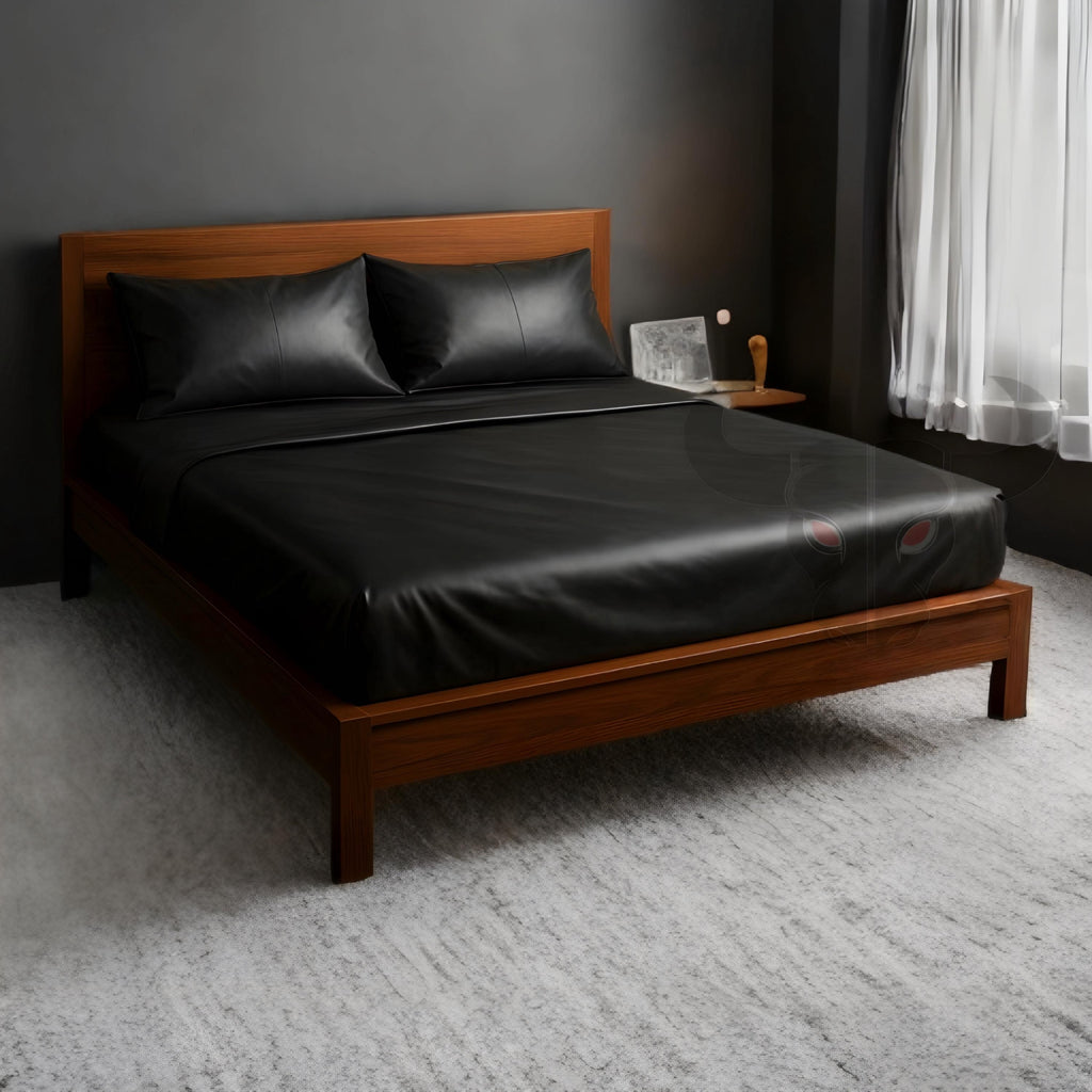 Modern Genuine Leather Bed Sheet Set Black Queen Size Luxury Bedding with Pillowcases