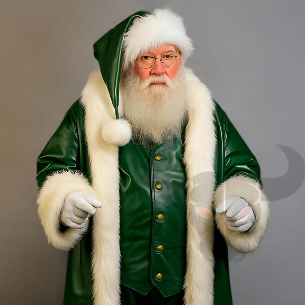 HandMade Green Leather Santa Claus Costume Coat With Fur Trim | Christmas Cosplay Outfit Men