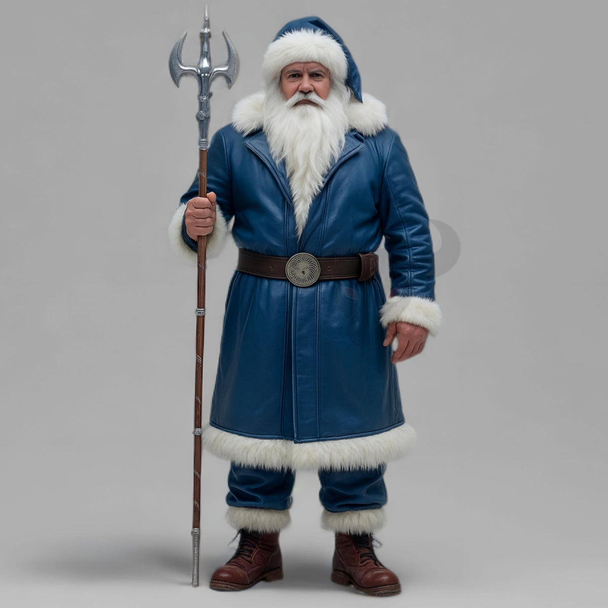 Blue Santa Claus Costume | Genuine Leather Winter Father Christmas Outfit