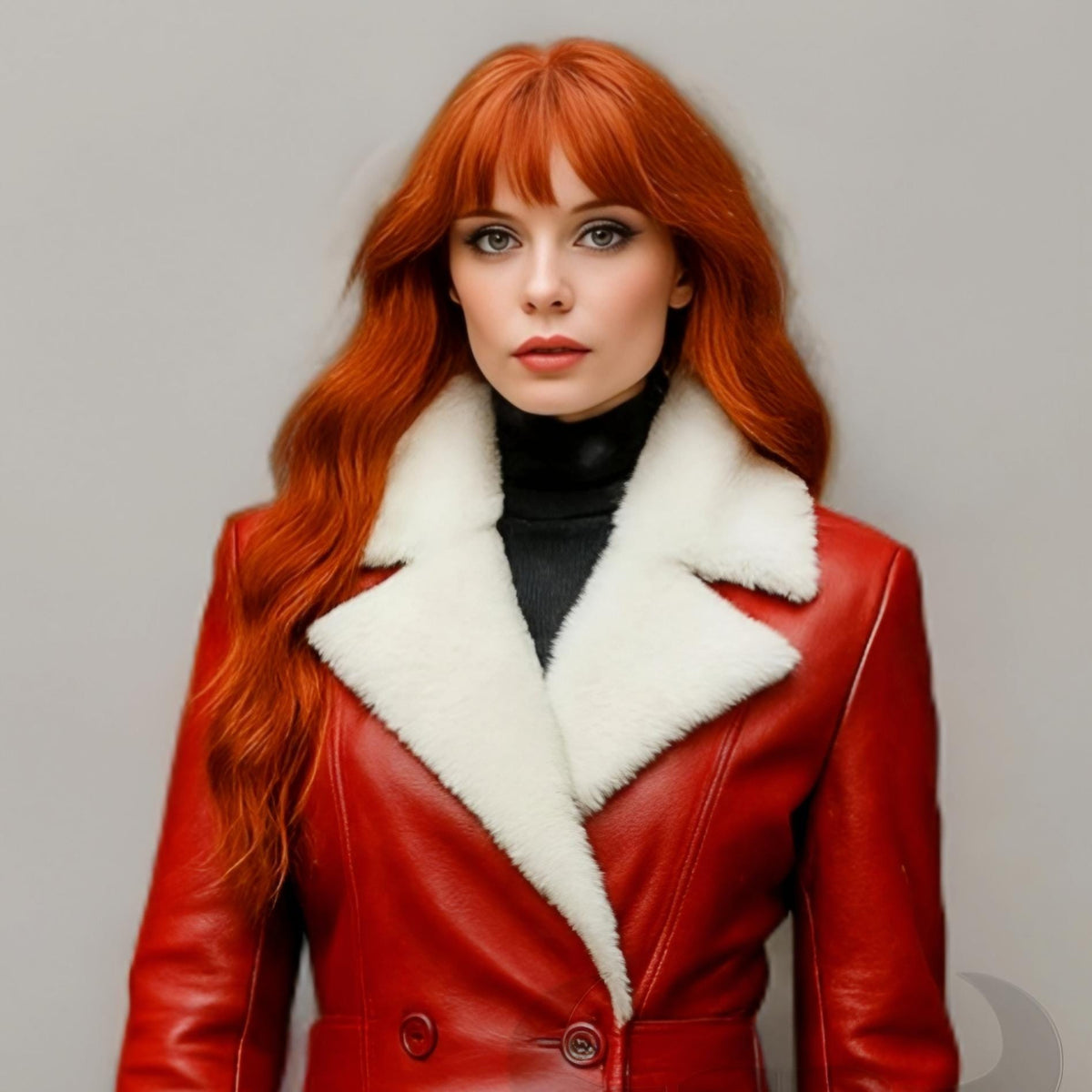Women Red Shearling Leather Coat Double-Breasted Winter Jacket Long Warm Trench | Christmas Outfit