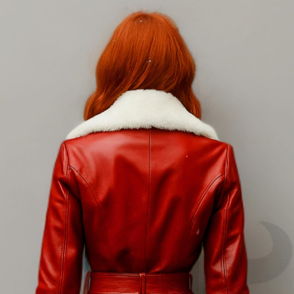 Women Red Shearling Leather Coat Double-Breasted Winter Jacket Long Warm Trench | Christmas Outfit