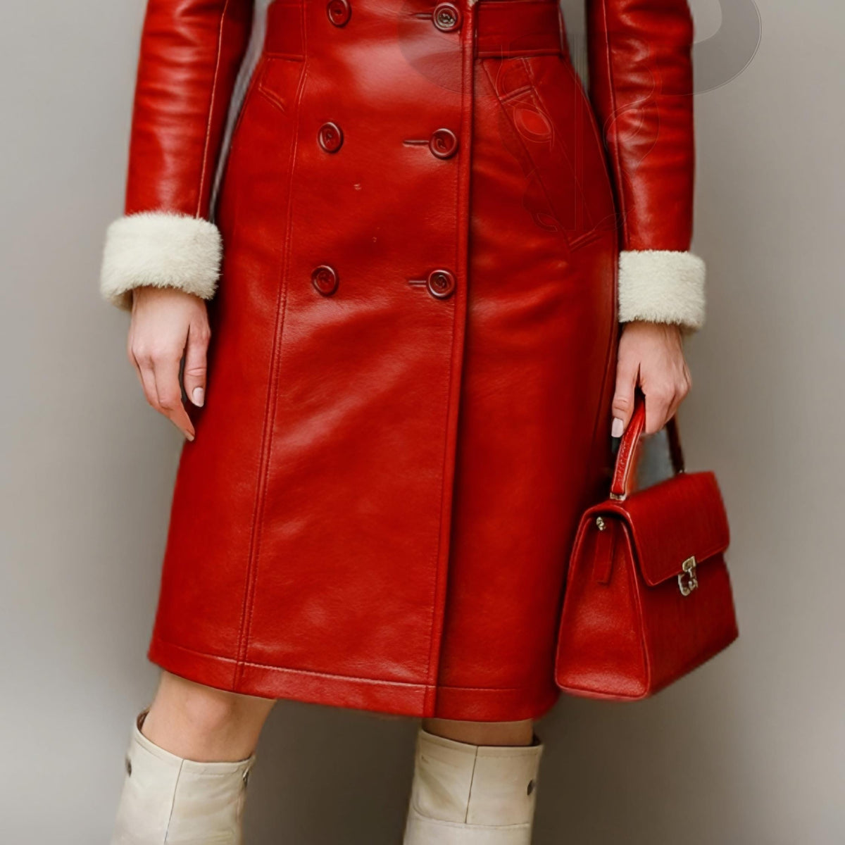 Women Red Shearling Leather Coat Double-Breasted Winter Jacket Long Warm Trench | Christmas Outfit