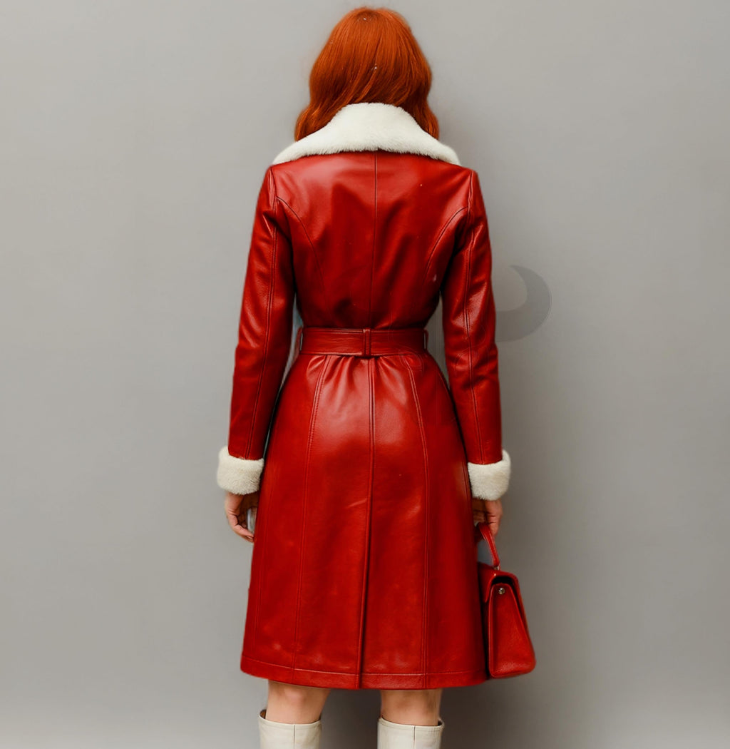 Women Red Shearling Leather Coat Double-Breasted Winter Jacket Long Warm Trench | Christmas Outfit