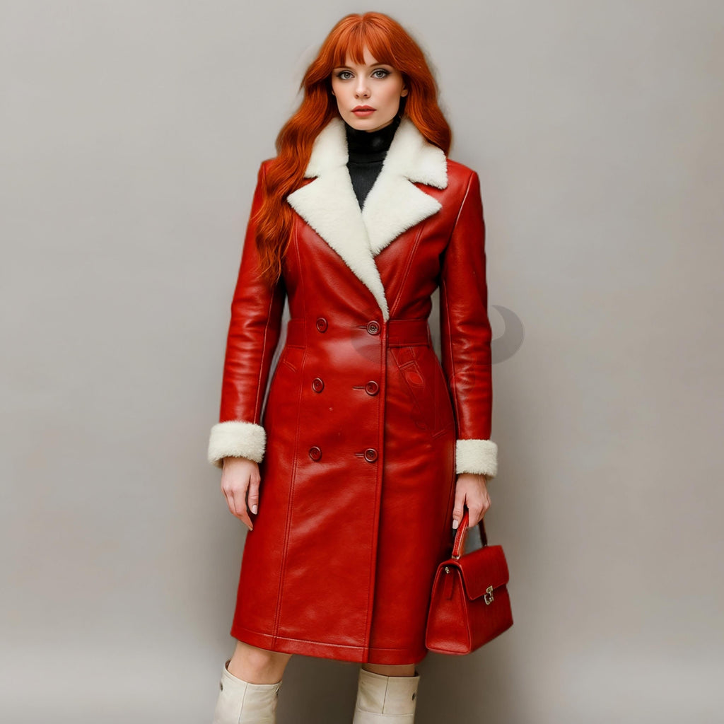 Women Red Shearling Leather Coat Double-Breasted Winter Jacket Long Warm Trench | Christmas Outfit
