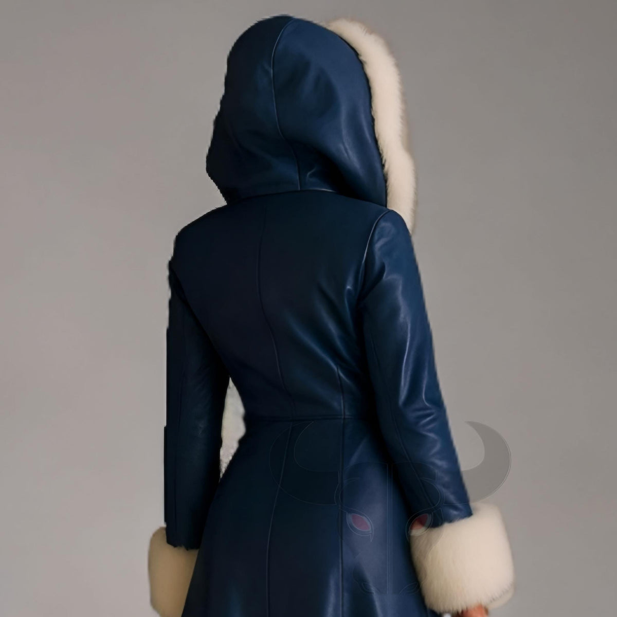 Women Blue Leather Winter Coat Hood Faux Fur Trim Long Warm Overcoat | Christmas Outfit