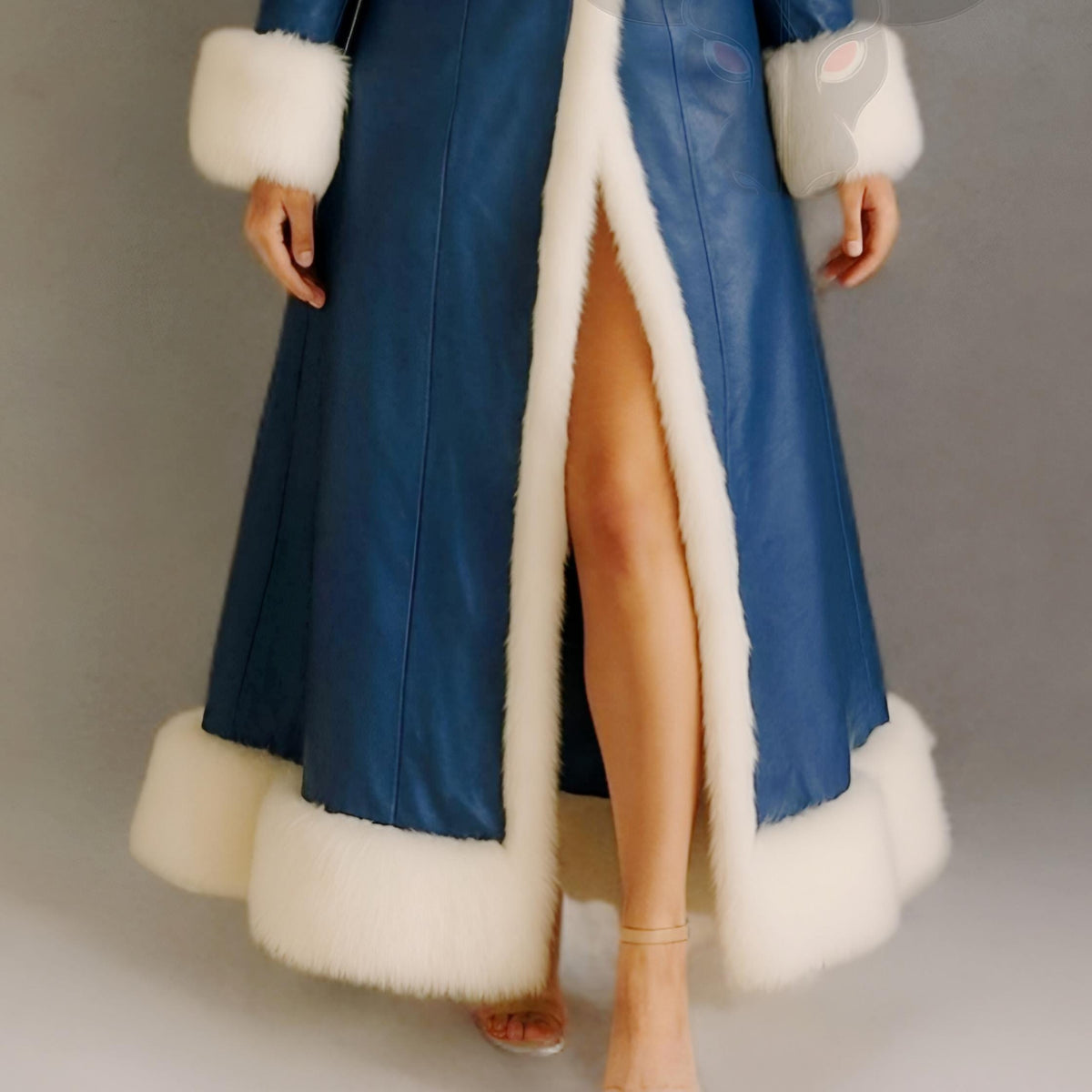 Women Blue Leather Winter Coat Hood Faux Fur Trim Long Warm Overcoat | Christmas Outfit