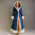 Women Blue Leather Winter Coat Hood Faux Fur Trim Long Warm Overcoat | Christmas Outfit