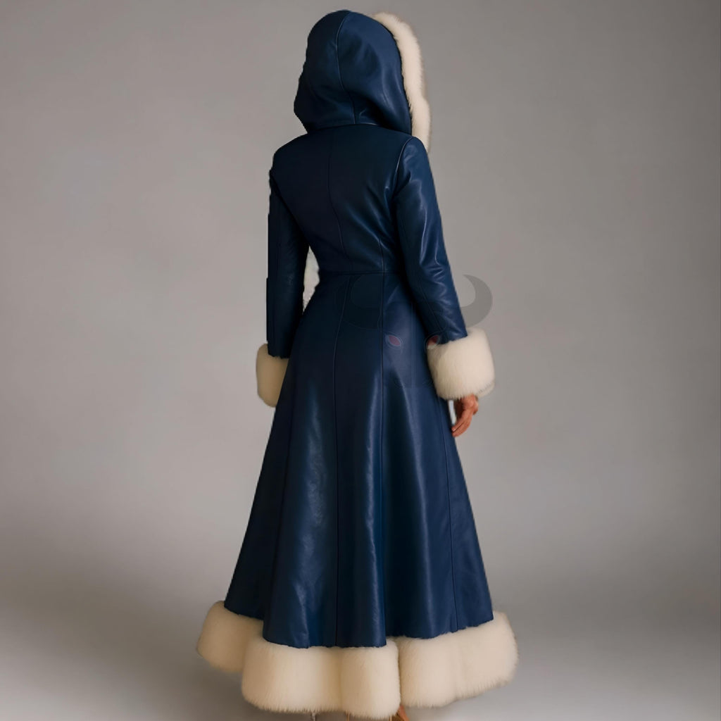 Women Blue Leather Winter Coat Hood Faux Fur Trim Long Warm Overcoat | Christmas Outfit
