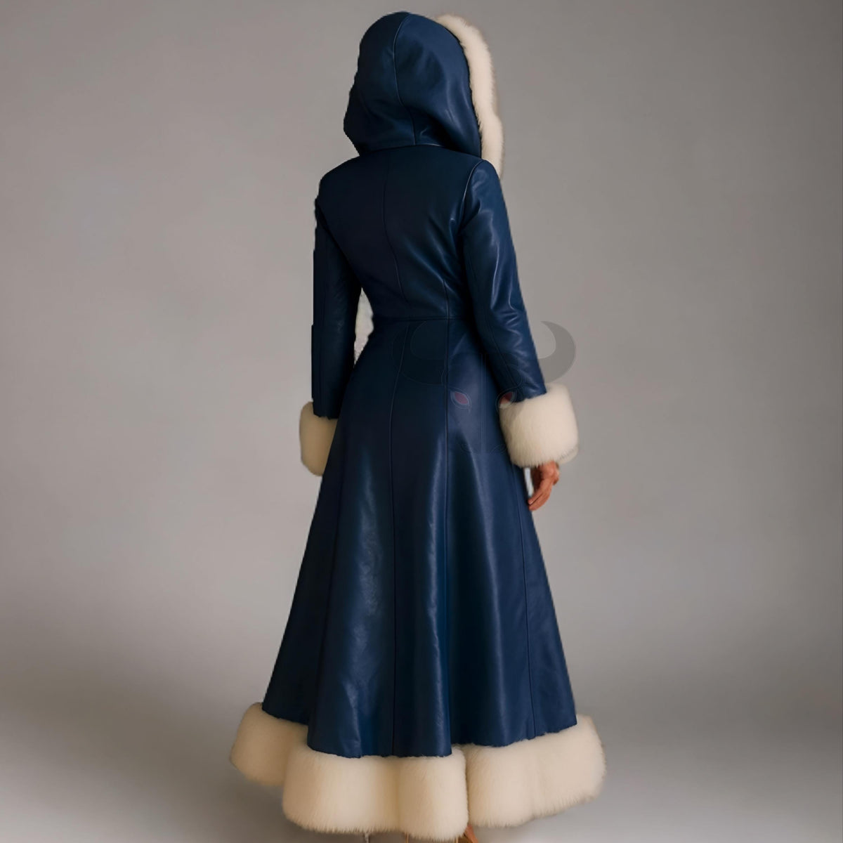 Women Blue Leather Winter Coat Hood Faux Fur Trim Long Warm Overcoat | Christmas Outfit