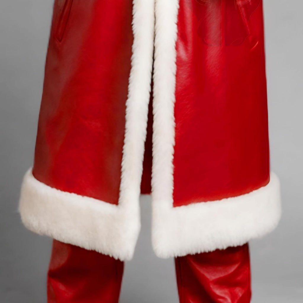 Men Red Leather Santa Coat White Fur Trim Christmas Cosplay Winter Jacket | Christmas Outfit