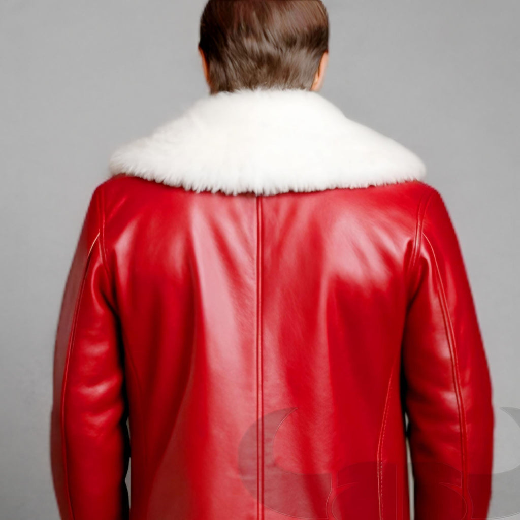 Men Red Leather Santa Coat White Fur Trim Christmas Cosplay Winter Jacket | Christmas Outfit