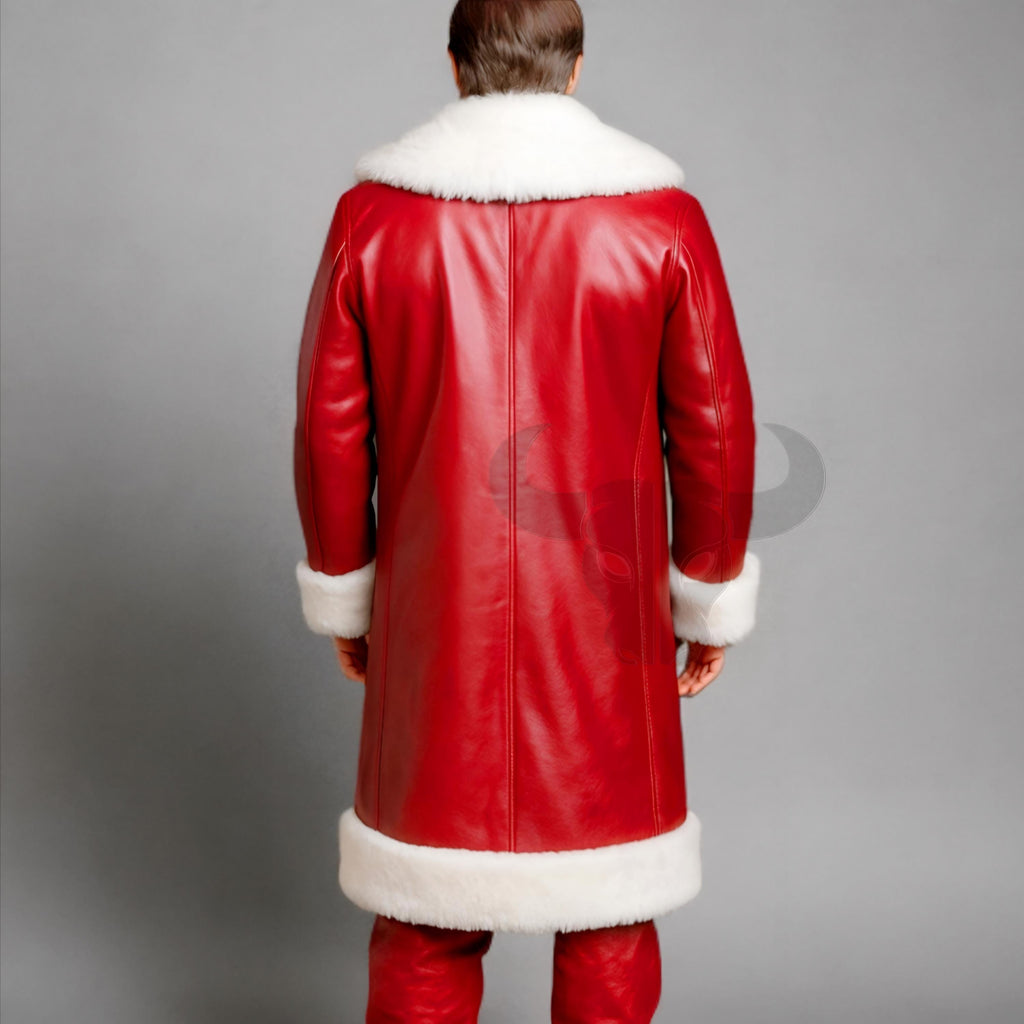 Men Red Leather Santa Coat White Fur Trim Christmas Cosplay Winter Jacket | Christmas Outfit