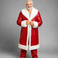 Men Red Leather Santa Coat White Fur Trim Christmas Cosplay Winter Jacket | Christmas Outfit
