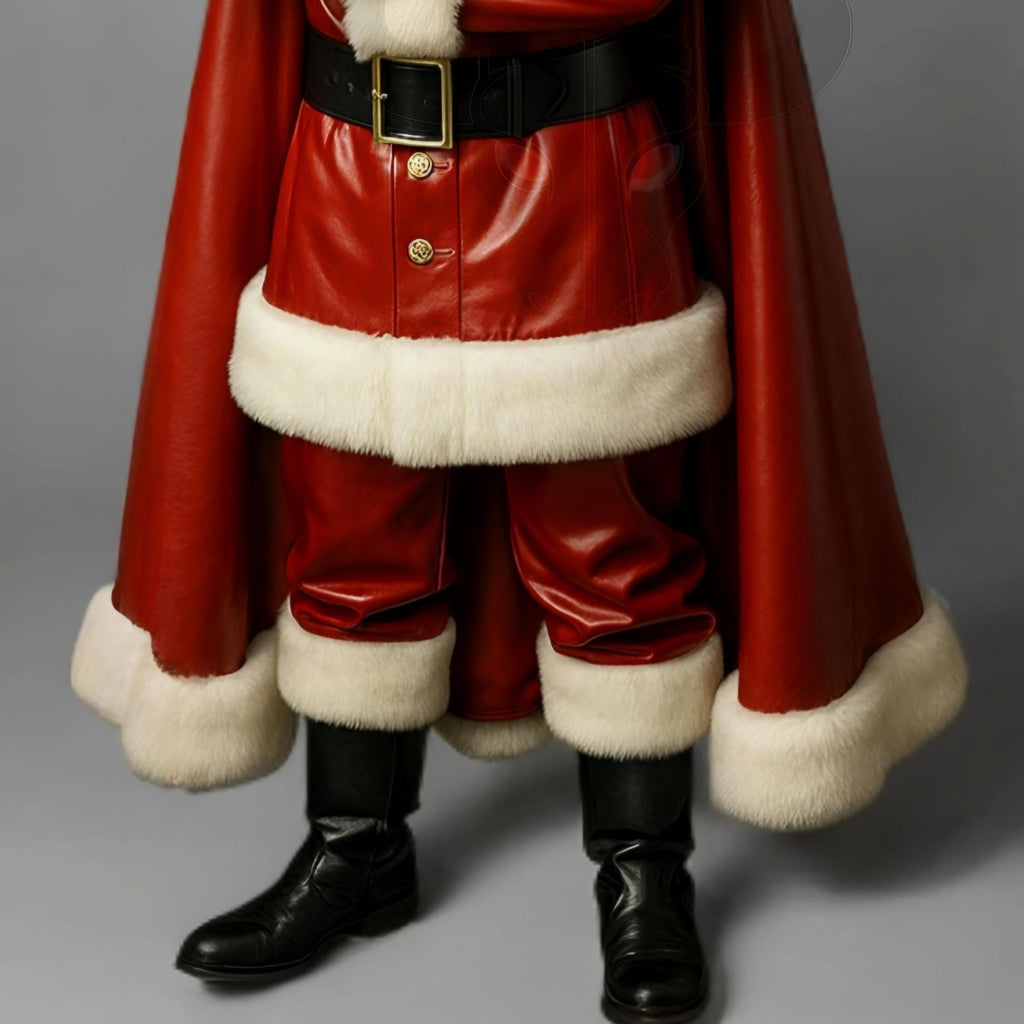 Santa Claus Leather Coat Cosplay Outfit Festive Hooded Trench Shearling Trim Jacket | Christmas Outfit