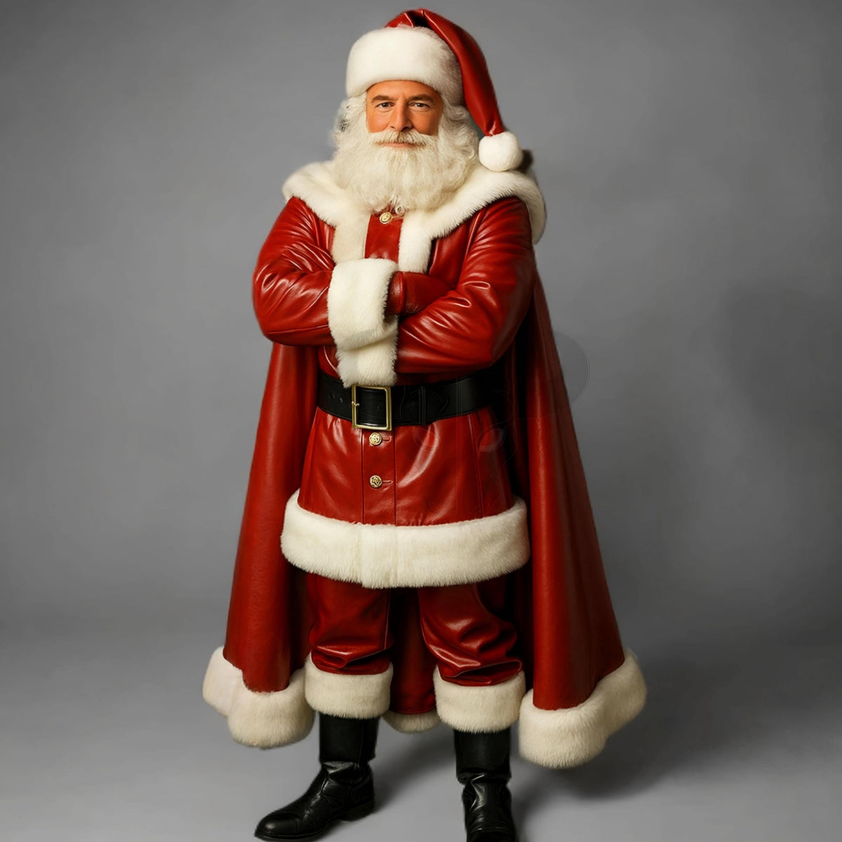 Santa Claus Leather Coat Cosplay Outfit Festive Hooded Trench Shearling Trim Jacket | Christmas Outfit