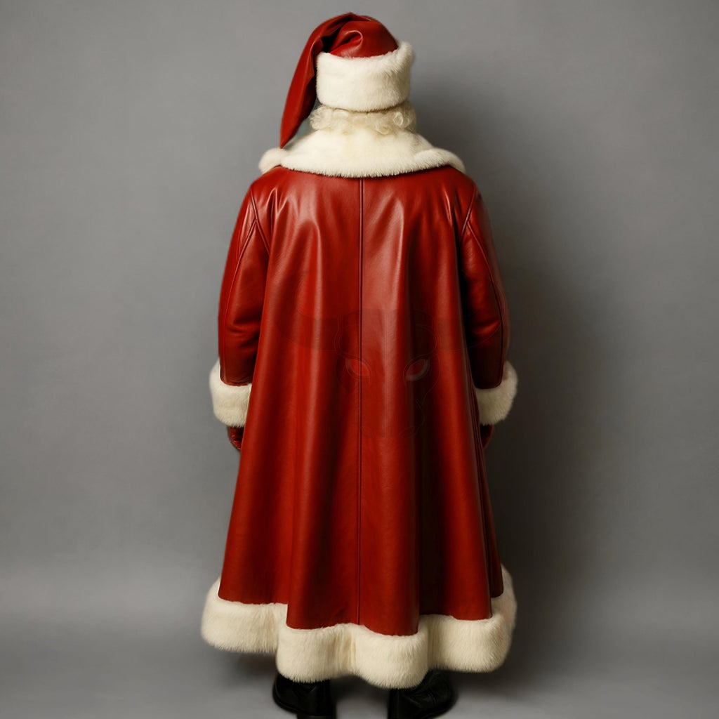Santa Claus Leather Coat Cosplay Outfit Festive Hooded Trench Shearling Trim Jacket | Christmas Outfit