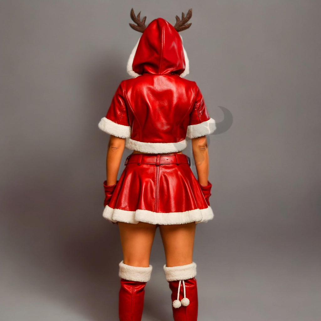 Christmas Reindeer Costume for Women Faux Leather Santa Outfit with Fur Trim Hood