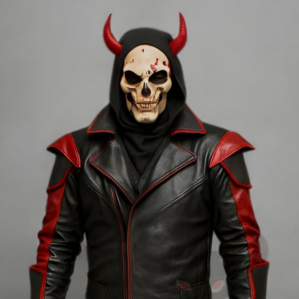 Handmade Demon Skull Leather Costume Set Men Red Black Devil Cosplay Jacket Pants Outfit