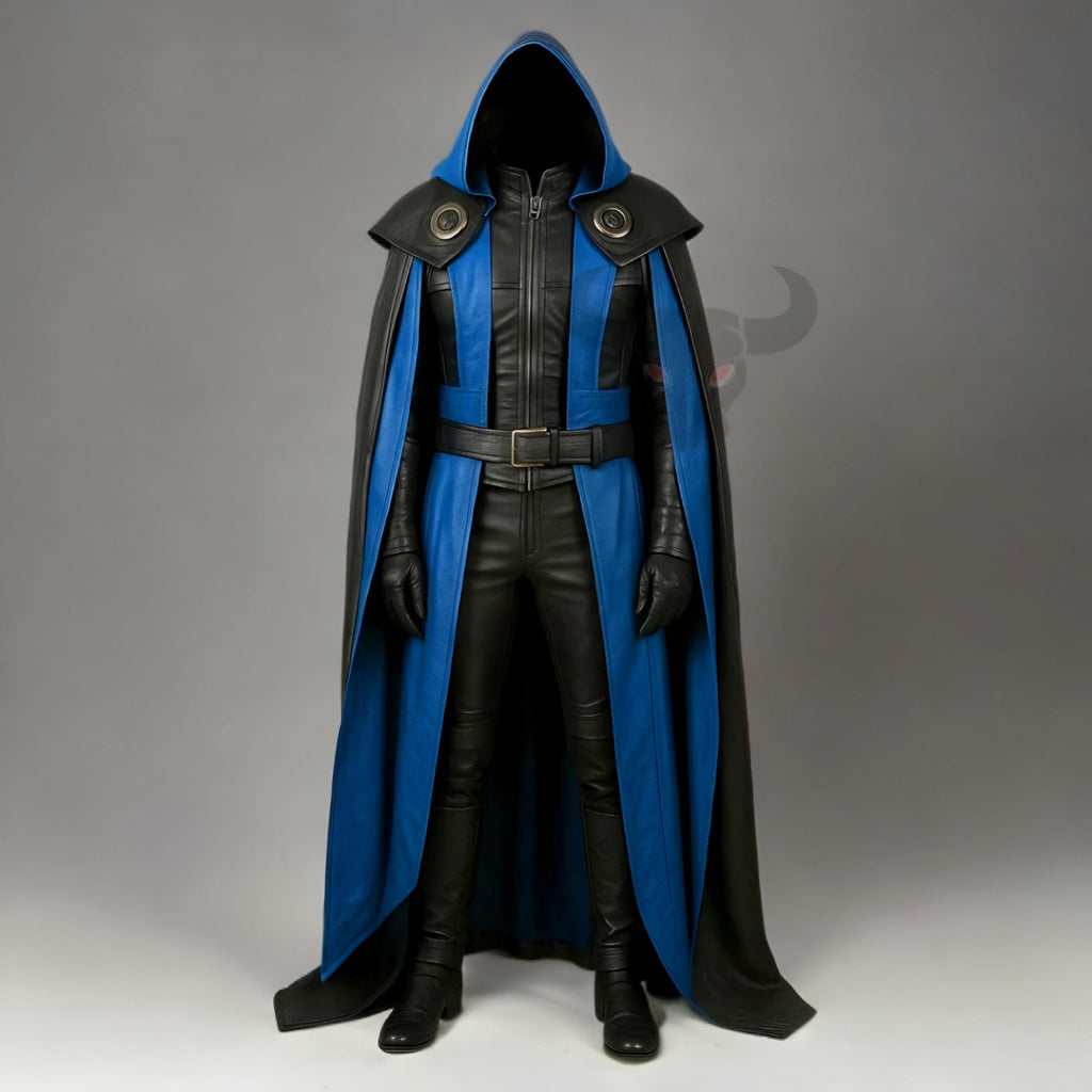 Black and Blue Hooded Leather Cloak Cosplay Costume Medieval Wizard Robe Gothic Cape