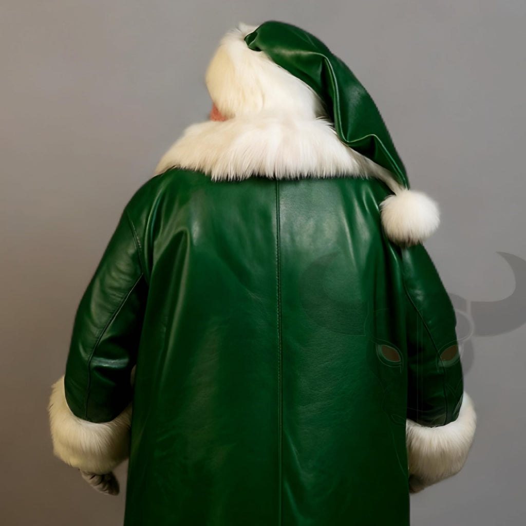 HandMade Green Leather Santa Claus Costume Coat With Fur Trim | Christmas Cosplay Outfit Men