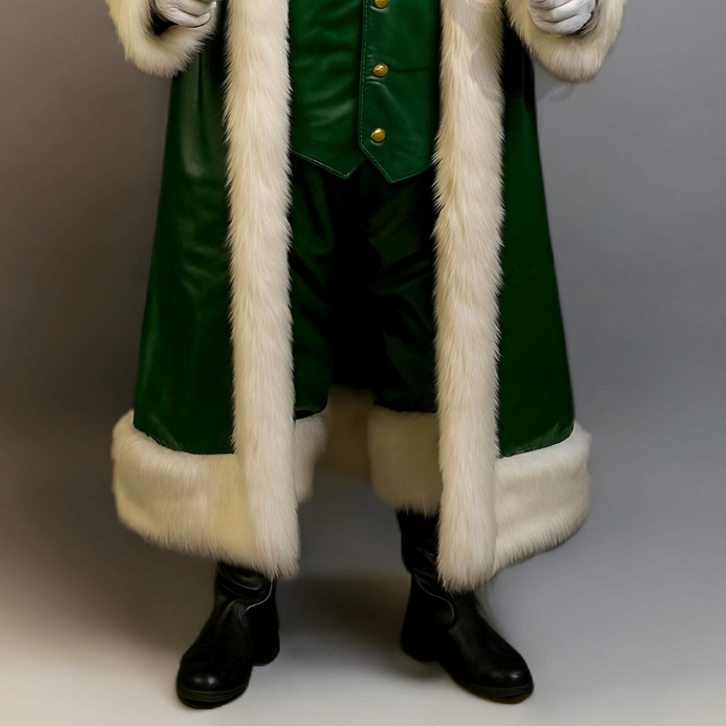 HandMade Green Leather Santa Claus Costume Coat With Fur Trim | Christmas Cosplay Outfit Men