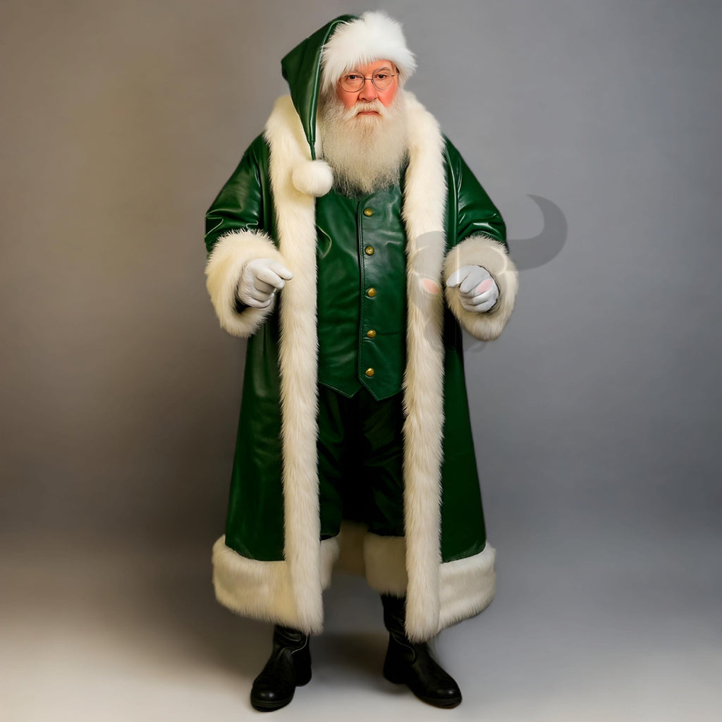 HandMade Green Leather Santa Claus Costume Coat With Fur Trim | Christmas Cosplay Outfit Men