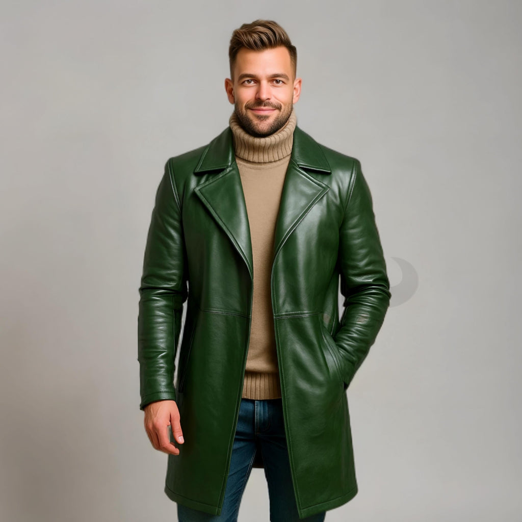 Men’s Green Leather Trench Coat Long Genuine Leather Jacket Winter Outerwear Handmade