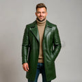 Men’s Green Leather Trench Coat Long Genuine Leather Jacket Winter Outerwear Handmade