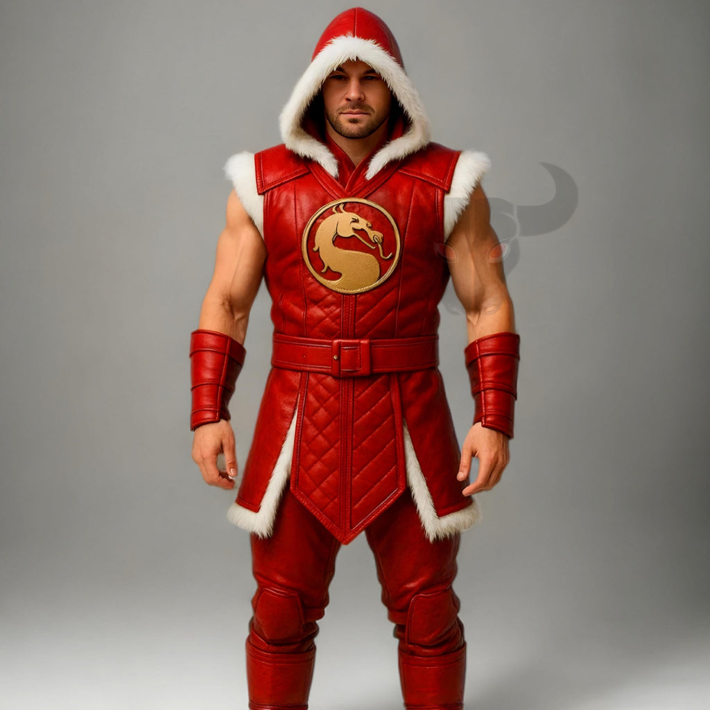 Red Leather Warrior Hooded Costume with Fur Trim | Mortal Kombat Inspired Outfit Cosplay Mens