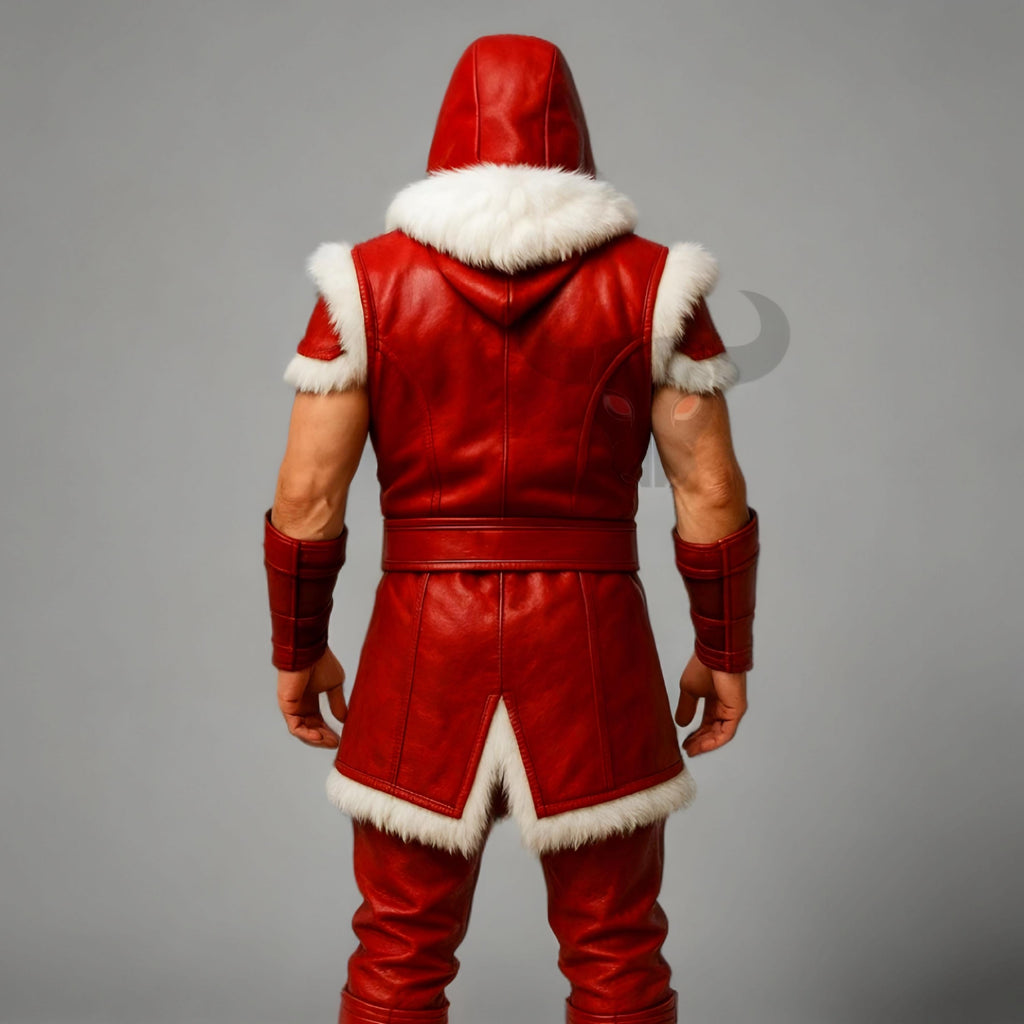 Red Leather Warrior Hooded Costume with Fur Trim | Mortal Kombat Inspired Outfit Cosplay Mens