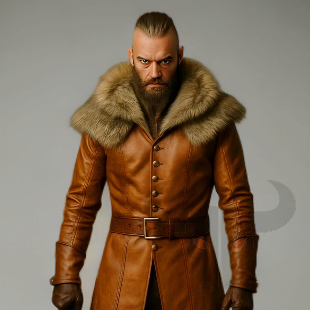 Medieval Brown Leather Coat with Fur Collar Viking Warrior Long Trench Jacket Cosplay Costume