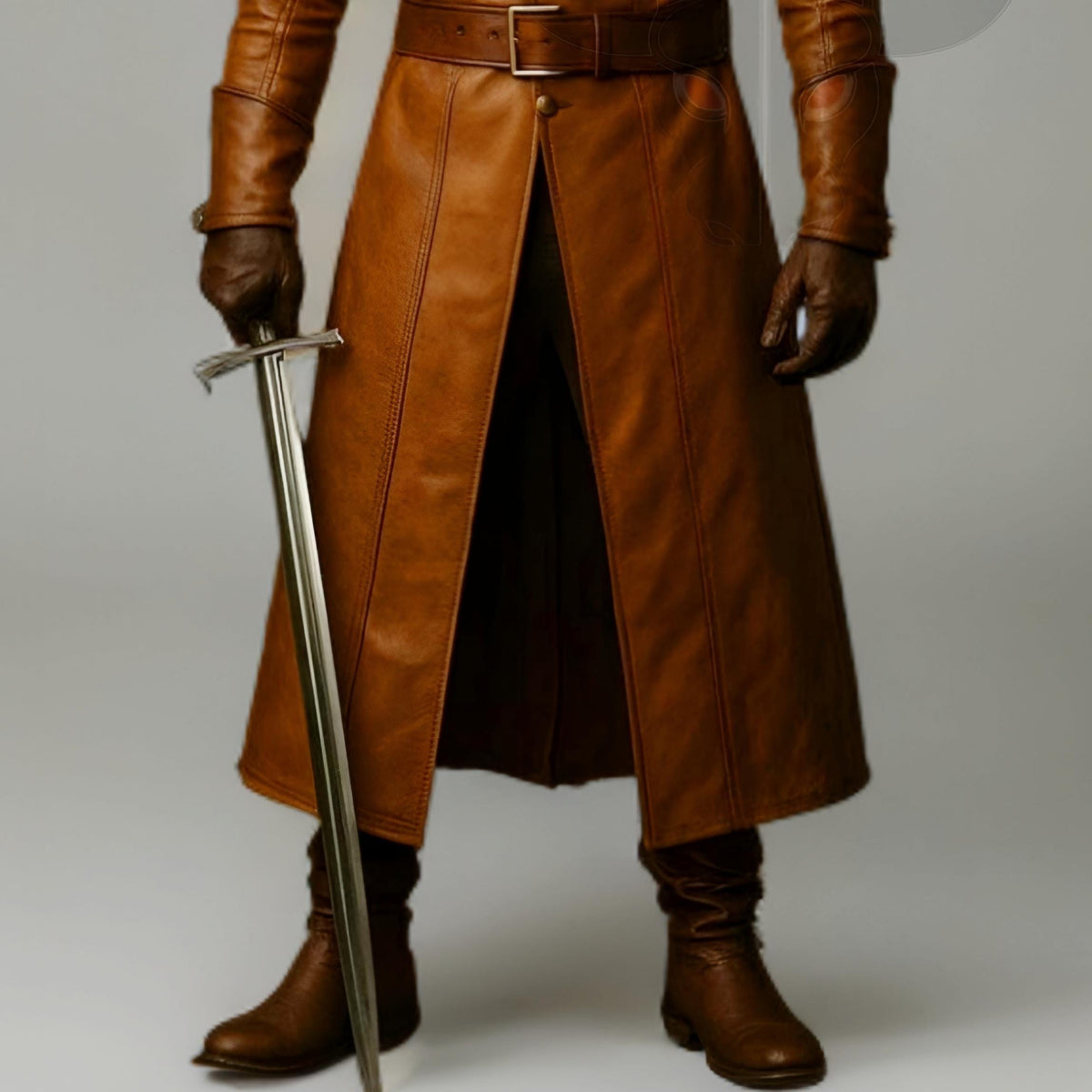 Medieval Brown Leather Coat with Fur Collar Viking Warrior Long Trench Jacket Cosplay Costume