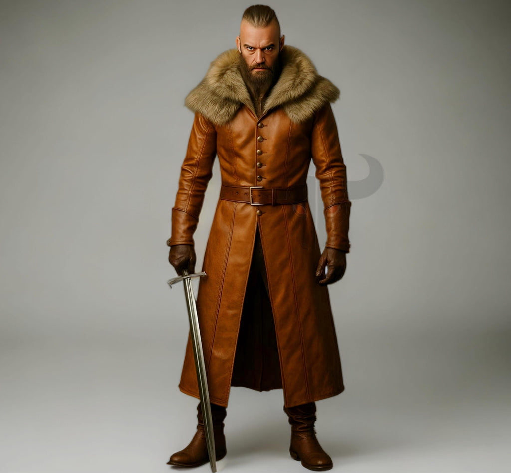 Medieval Brown Leather Coat with Fur Collar Viking Warrior Long Trench Jacket Cosplay Costume