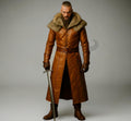 Medieval Brown Leather Coat with Fur Collar Viking Warrior Long Trench Jacket Cosplay Costume