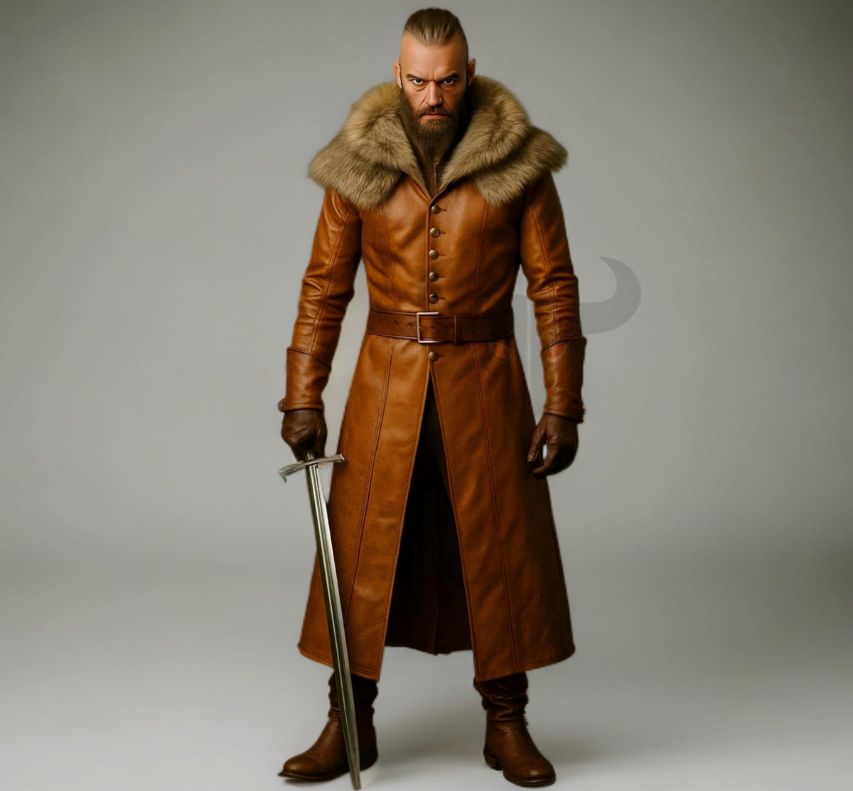 Medieval Brown Leather Coat with Fur Collar Viking Warrior Long Trench Jacket Cosplay Costume