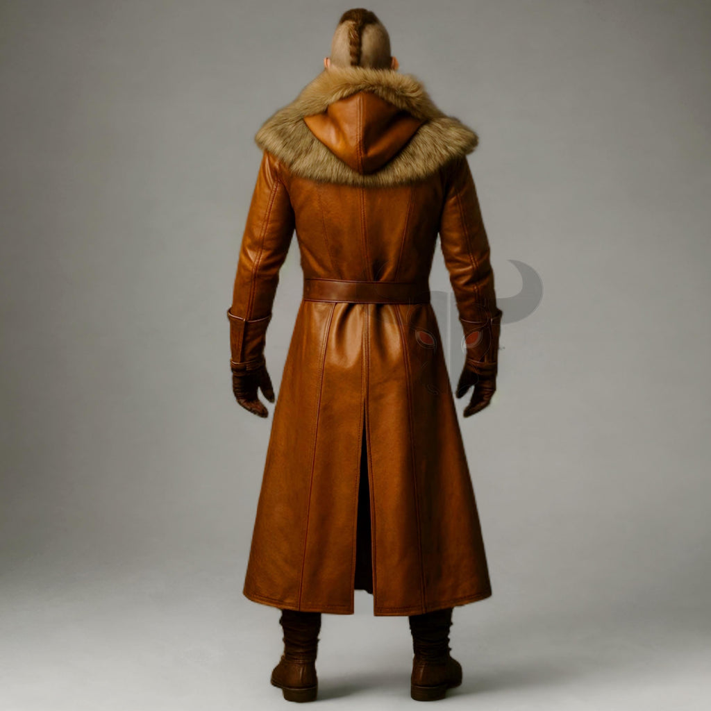 Medieval Brown Leather Coat with Fur Collar Viking Warrior Long Trench Jacket Cosplay Costume