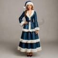 Blue Mrs Claus Dress with Fur Trim Christmas Costume Coat for Holiday Parties