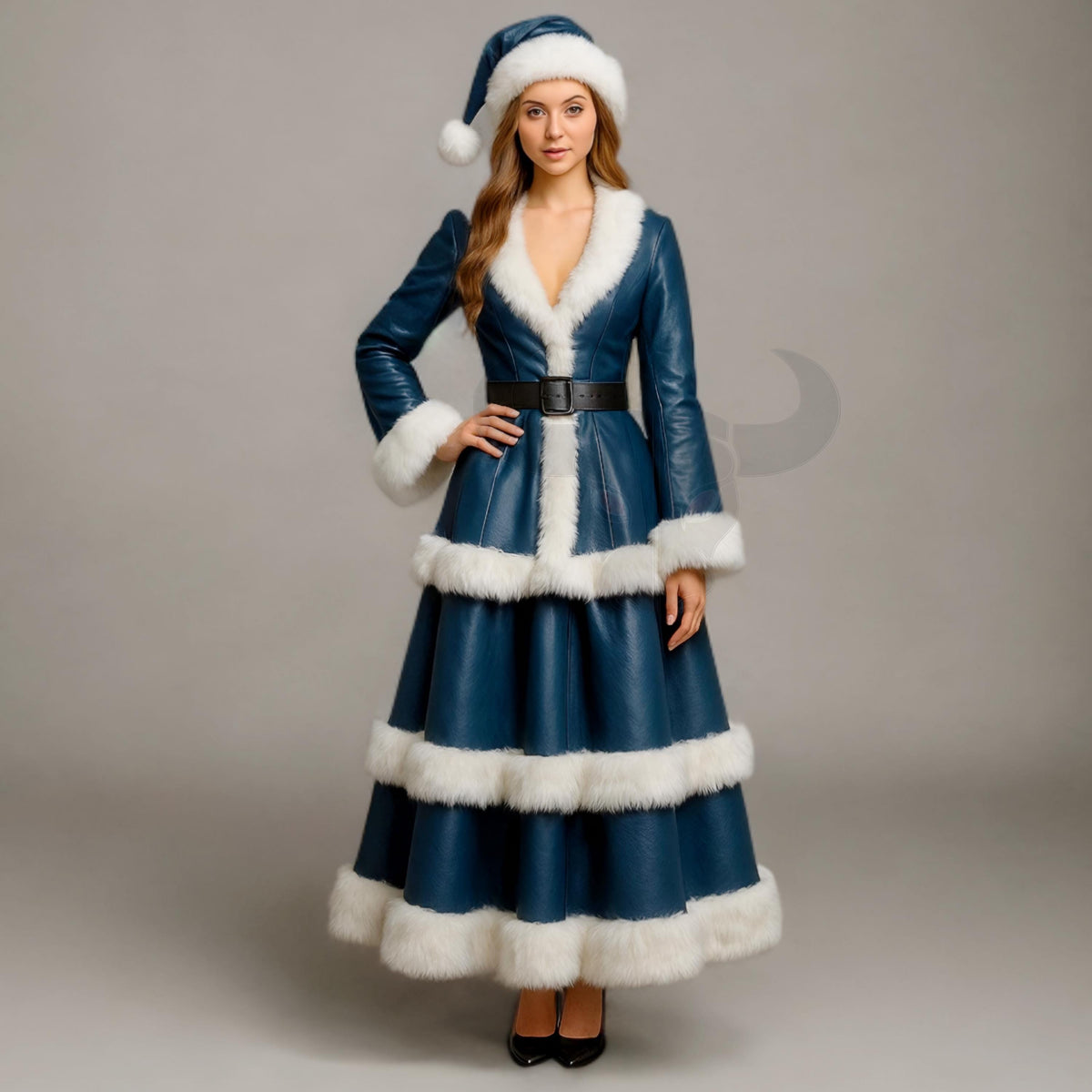 Blue Mrs Claus Dress with Fur Trim Christmas Costume Coat for Holiday Parties